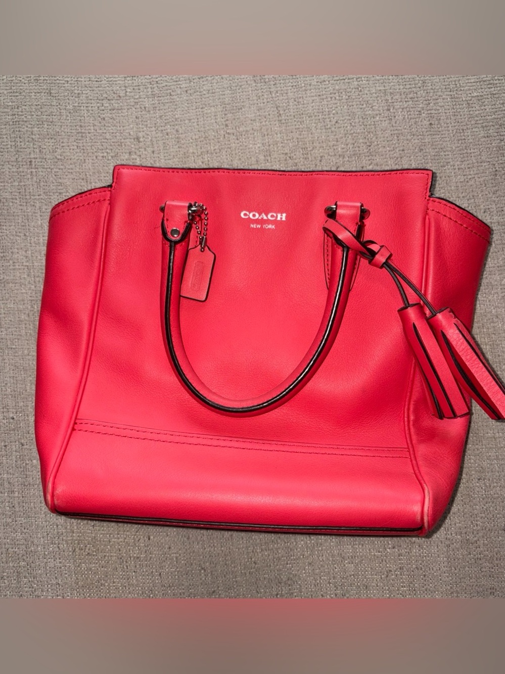 Coach Bright Red Leather Tote with Tassel Charm